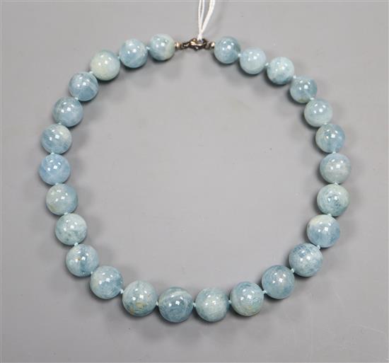 An aquamarine circular bead necklace, with 925 clasp, 44cm.